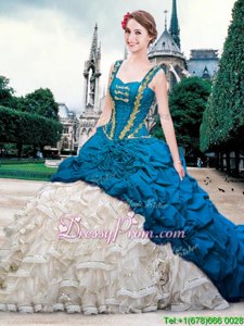Modest Spring and Summer and Fall and Winter Organza and Taffeta Sleeveless With Train Quinceanera Gown Brush Train andBeading and Ruffles and Pick Ups