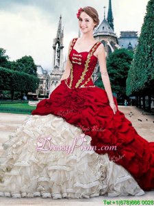 Straps Sleeveless Quinceanera Gown With Brush Train Beading and Ruffles and Pick Ups White And Red Organza and Taffeta