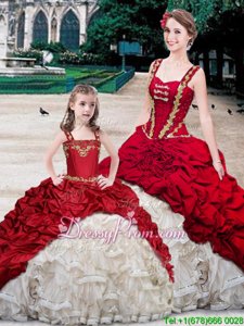 Hot Selling White And Red Straps Neckline Beading and Ruffles and Pick Ups Quinceanera Gowns Sleeveless Lace Up