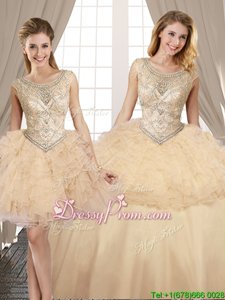 High Quality Floor Length Champagne Sweet 16 Dress Organza and Tulle Sleeveless Spring and Summer and Fall and Winter Beading and Ruffles