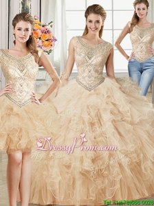 Dazzling Champagne Sleeveless Floor Length Beading and Ruffles Lace Up 15 Quinceanera Dress