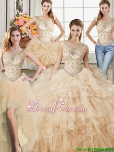 Inexpensive Champagne Quinceanera Dress Military Ball and Sweet 16 and Quinceanera and For withBeading and Ruffles Scoop Sleeveless Lace Up