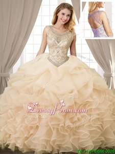 Champagne Quinceanera Gowns Military Ball and Sweet 16 and Quinceanera and For withBeading and Ruffles and Pick Ups Scoop Sleeveless Lace Up