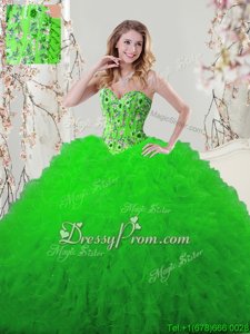 Fantastic Spring Green Quince Ball Gowns Military Ball and Sweet 16 and Quinceanera and For withEmbroidery and Ruffles Sweetheart Sleeveless Lace Up
