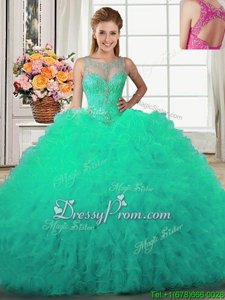 Clearance Turquoise Lace Up Quinceanera Dress Beading and Ruffles Sleeveless Floor Length