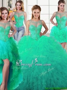 Affordable Floor Length Turquoise Sweet 16 Dresses Scoop Sleeveless Lace Up