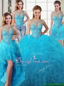 Baby Blue Lace Up Quinceanera Gowns Beading and Ruffles Sleeveless Floor Length