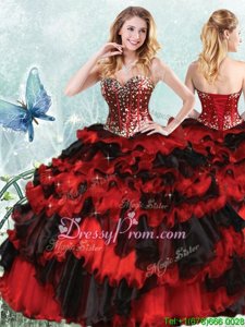 New Style Sweetheart Sleeveless Quinceanera Gowns Floor Length Beading and Ruffled Layers and Sequins Black and Red Organza