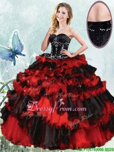 Adorable Sleeveless Organza Floor Length Lace Up Quinceanera Gowns inBlack and Red forSpring and Summer and Fall and Winter withBeading and Ruffled Layers