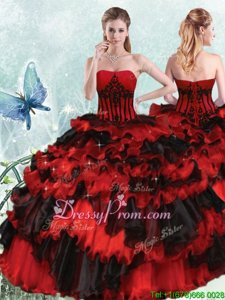 Black and Red Ball Gowns Appliques and Ruffled Layers Ball Gown Prom Dress Lace Up Organza Sleeveless Floor Length
