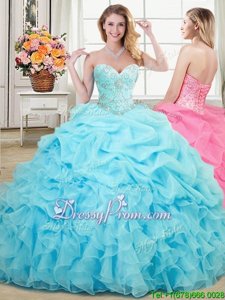 Romantic Aqua Blue Sleeveless Organza Lace Up Quinceanera Gowns forMilitary Ball and Sweet 16 and Quinceanera