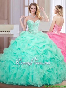 Designer Apple Green Ball Gowns Beading and Ruffles and Pick Ups Sweet 16 Quinceanera Dress Lace Up Organza Sleeveless Floor Length
