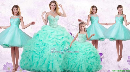 Spring and Summer and Fall and Winter Organza Sleeveless Floor Length Vestidos de Quinceanera andBeading and Ruffles and Pick Ups