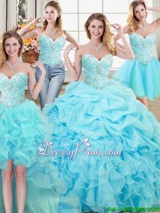 Decent Sleeveless Organza Floor Length Lace Up Sweet 16 Dress inAqua Blue forSpring and Summer and Fall and Winter withBeading and Ruffles and Pick Ups