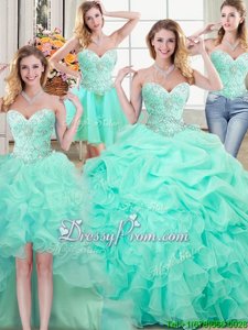 Unique Organza Sweetheart Sleeveless Lace Up Beading and Ruffles and Pick Ups Quinceanera Gowns inApple Green