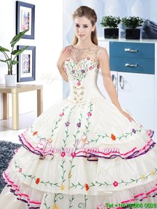 Sophisticated Scoop Sleeveless Organza and Taffeta Quinceanera Gowns Beading and Embroidery and Ruffled Layers Lace Up