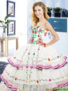 Classical White Sweet 16 Dresses Military Ball and Sweet 16 and Quinceanera and For withEmbroidery and Ruffled Layers Sweetheart Sleeveless Lace Up