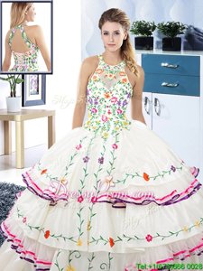 Ideal Floor Length Lace Up Ball Gown Prom Dress White and In forMilitary Ball and Sweet 16 and Quinceanera withEmbroidery and Ruffled Layers