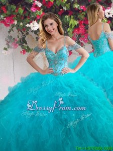Glorious Sleeveless Tulle Floor Length Lace Up Quince Ball Gowns inTeal forSpring and Summer and Fall and Winter withBeading and Ruffles
