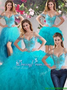 Classical Teal Lace Up Quinceanera Gowns Beading and Ruffles Sleeveless Floor Length