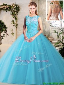 Captivating Sleeveless Tulle Floor Length Lace Up Vestidos de Quinceanera inBaby Blue forSpring and Summer and Fall and Winter withBeading