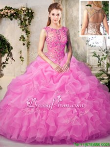 Luxurious Beading and Ruffles and Pick Ups Quinceanera Dress Rose Pink Lace Up Sleeveless Floor Length