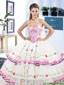 Spectacular White Halter Top Neckline Embroidery and Ruffled Layers Ball Gown Prom Dress Sleeveless Lace Up