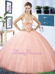 Stunning Peach Halter Top Lace Up Embroidery Sweet 16 Dresses Sleeveless