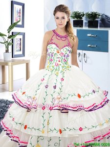 Luxury White Organza and Taffeta Lace Up Quinceanera Dress Sleeveless Floor Length Embroidery and Ruffled Layers