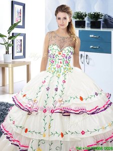 Ideal Floor Length White Quinceanera Gowns Organza and Taffeta Sleeveless Spring and Summer and Fall and Winter Beading and Embroidery and Ruffled Layers