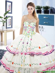 Extravagant Floor Length White 15 Quinceanera Dress Organza and Taffeta Sleeveless Spring and Summer and Fall and Winter Beading and Embroidery and Ruffled Layers