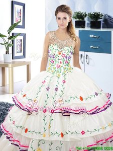 Extravagant Floor Length White 15 Quinceanera Dress Organza and Taffeta Sleeveless Spring and Summer and Fall and Winter Beading and Embroidery and Ruffled Layers