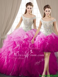 Latest Hot Pink Sleeveless Beading and Ruffles Floor Length Sweet 16 Dress