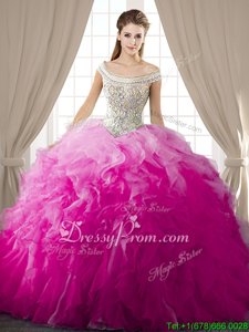 Eye-catching Hot Pink Organza Lace Up Off The Shoulder Sleeveless Floor Length Quinceanera Dresses Beading and Ruffles