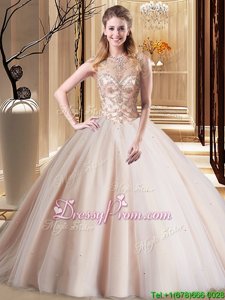 Trendy Sleeveless Tulle Brush Train Lace Up 15th Birthday Dress inPeach forSpring and Summer and Fall and Winter withBeading