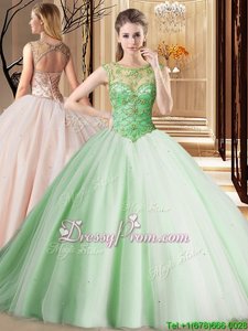 Great Spring and Summer and Fall and Winter Tulle Sleeveless Quinceanera Gown Brush Train andBeading