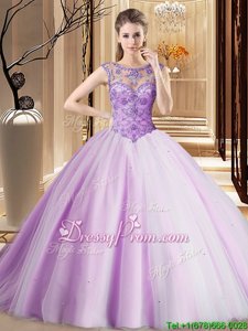 Luxury Sleeveless Brush Train Beading Lace Up Vestidos de Quinceanera