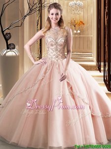 Beautiful Peach Scoop Neckline Beading Quinceanera Dresses Sleeveless Lace Up