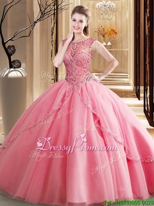 Deluxe Watermelon Red Sleeveless Beading Lace Up Vestidos de Quinceanera