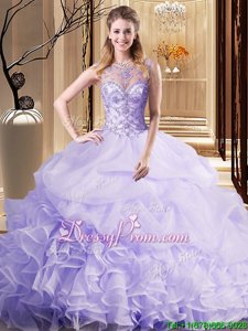 Sweet Lace Up Quinceanera Dress Lavender and In forMilitary Ball and Sweet 16 and Quinceanera withBeading and Ruffles and Pick Ups Brush Train