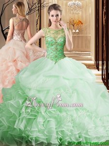 Modern Apple Green Organza Lace Up Scoop Sleeveless Sweet 16 Dresses Brush Train Beading and Ruffles and Pick Ups