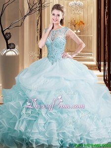 Elegant Organza Scoop Sleeveless Brush Train Lace Up Beading and Ruffles and Pick Ups Ball Gown Prom Dress inLight Blue