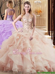 Classical Ball Gowns Sleeveless Champagne Ball Gown Prom Dress Brush Train Lace Up