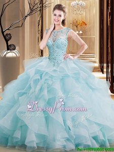 Top Selling Light Blue Ball Gowns Scoop Sleeveless Tulle Brush Train Lace Up Beading and Ruffles Ball Gown Prom Dress