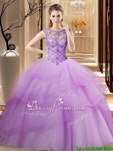 Affordable Lilac Tulle Lace Up 15th Birthday Dress Sleeveless Brush Train Beading and Ruffled Layers