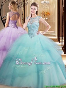 Fine Light Blue Sleeveless Tulle Brush Train Lace Up Ball Gown Prom Dress forMilitary Ball and Sweet 16 and Quinceanera