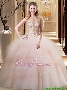 Simple Scoop Sleeveless Tulle Sweet 16 Dresses Beading and Ruffled Layers Brush Train Lace Up