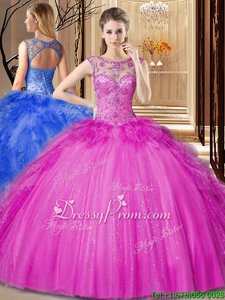 Beauteous Beading and Ruffles Ball Gown Prom Dress Fuchsia Lace Up Sleeveless Floor Length