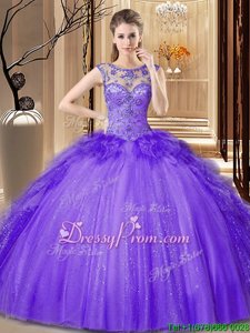 Best Purple Ball Gowns Scoop Sleeveless Tulle Floor Length Lace Up Sequins Quinceanera Gown