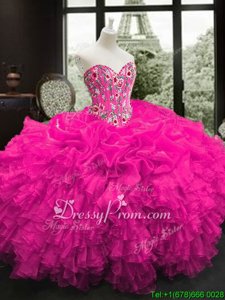 Custom Fit Sweetheart Sleeveless Lace Up 15 Quinceanera Dress Fuchsia Organza